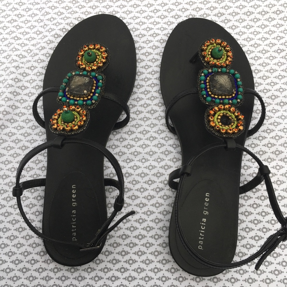 Black Leather Sandals w/Colorful Beading - sz 10M